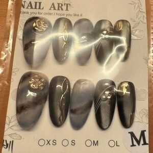 Press On Nails‎ Black Silver Gray Gold Elegant Nail Art M